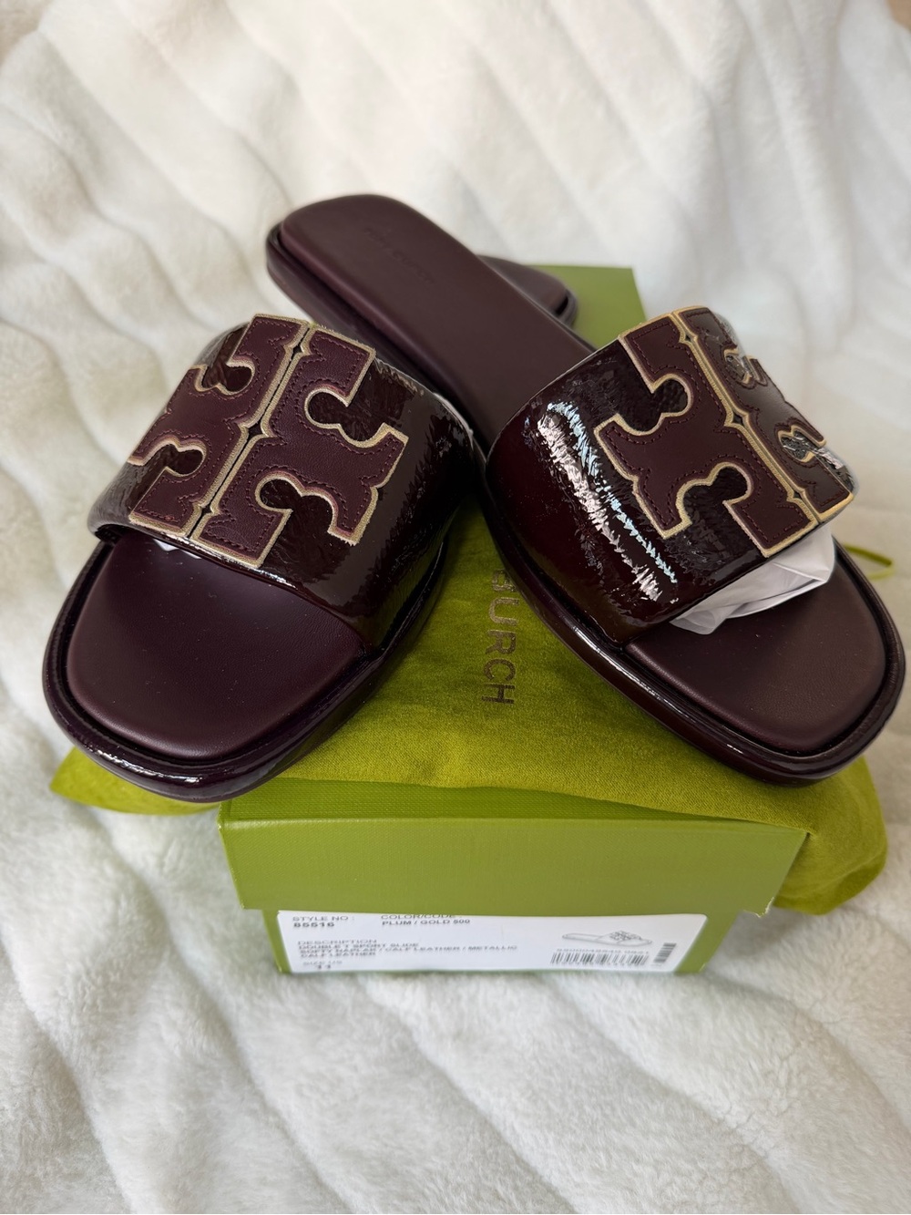 Tory Burch Plum Patent Leather Double-T Slide Sandals